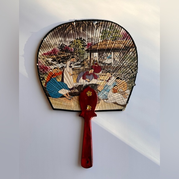 Vintage Asian Japanese Wooden Non-folding Fan Beautiful Paintings on Both Sides - Picture 1 of 9